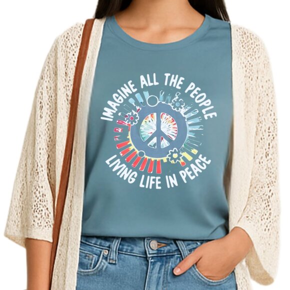 Imagine Peace Long Sleeve Top Size S Light Teal Blue Retro Musiccore Style - Picture 1 of 8